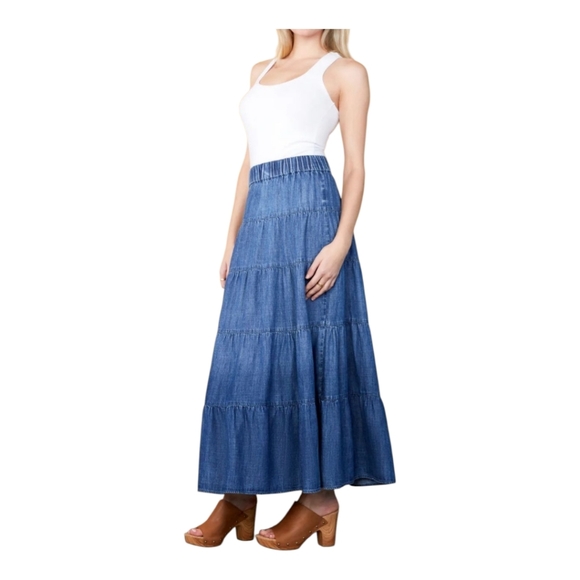Billy T Womens Willa LayereMaxi Skirt Blue Size L  Lightweight Denim NWT $148 - Picture 1 of 10